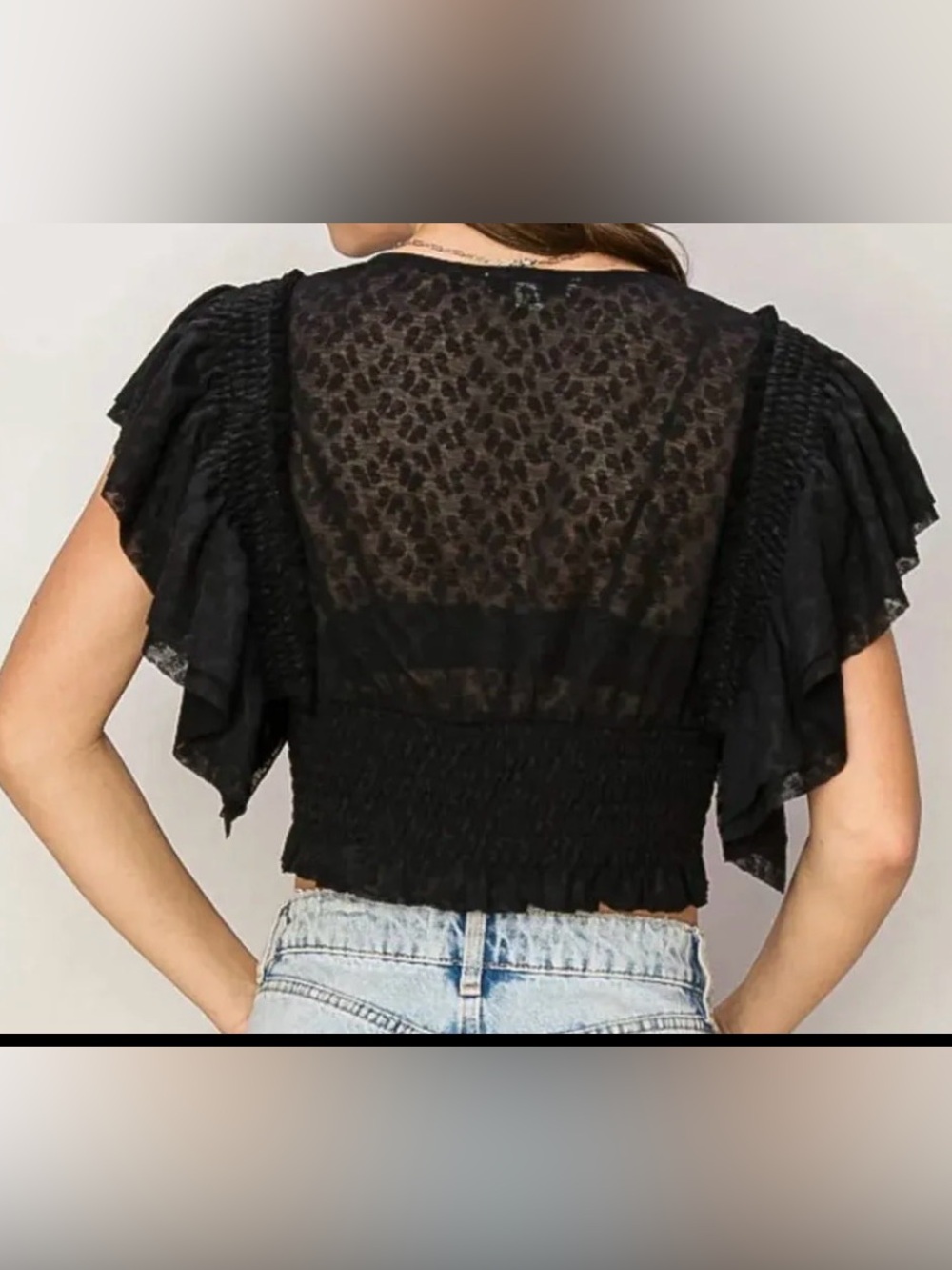 Black V-Neck Smocked Flutter Sleeve Crop Top with Button Front - Picture 2 of 4